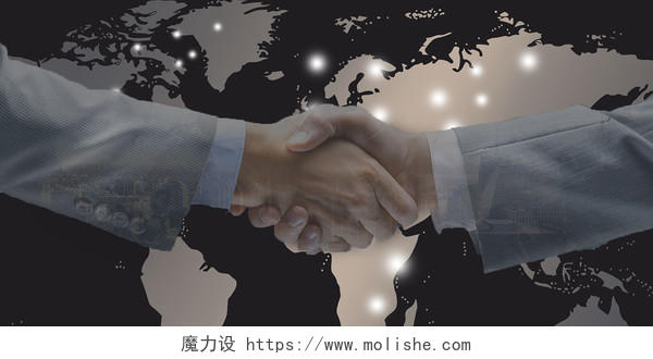 黑色商务地图握手商务合作展板背景全球化团队背景